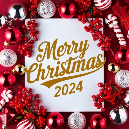 Marry Christmas banner concept. White board with text Marry Christmas 2024 among christmas red decor, balls, berries,striped candy canes,stars on red background, top view, generative Ai 