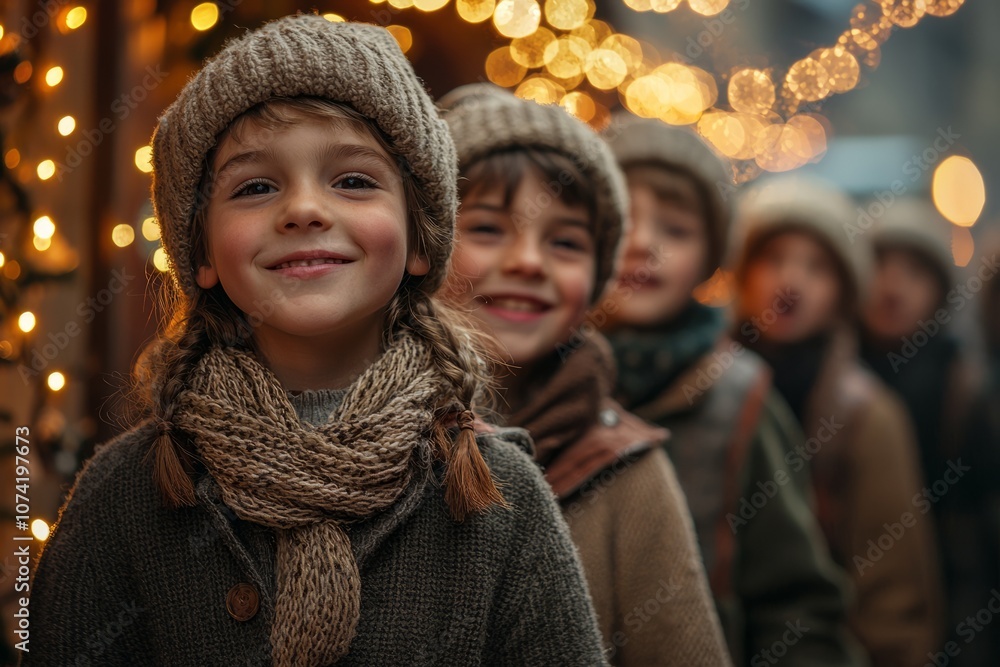 A group of young carolers walks together down a street, their cheerful voices ringing out into the night. Holiday lights, Generative AI A group of young carolers walks together down a street, their cheerful voices ringing out into the night. Holiday lights, Generative AI