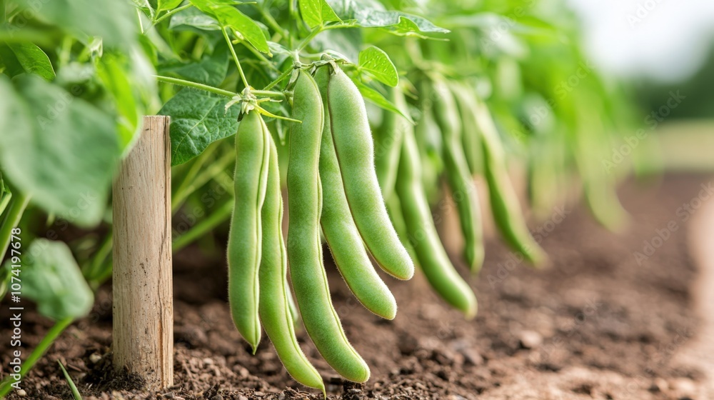 Fresh green beans growing in a vegetable garden on a sunny day during the summer season, showcasing healthy plant life Fresh green beans growing in a vegetable garden on a sunny day during the summer season, showcasing healthy plant life