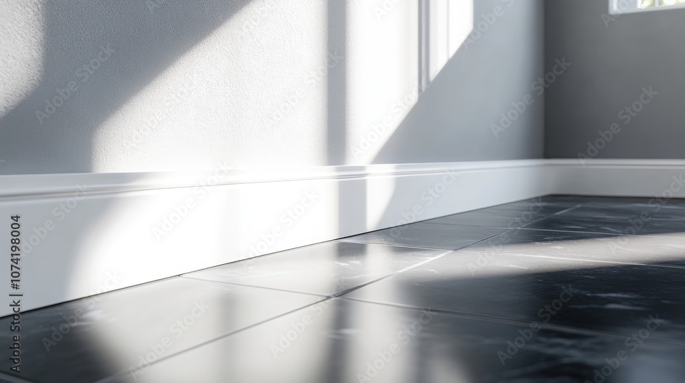3D rendering of a bright white wooden beam corner reflecting light alongside a dark ceramic tile floor with shadows in the background 3D rendering of a bright white wooden beam corner reflecting light alongside a dark ceramic tile floor with shadows in the background