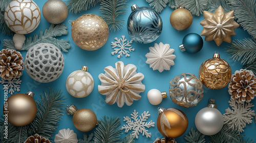 Wallpaper Mural White and golden Christmas ornaments with gifts on a blue background flat lay design Torontodigital.ca