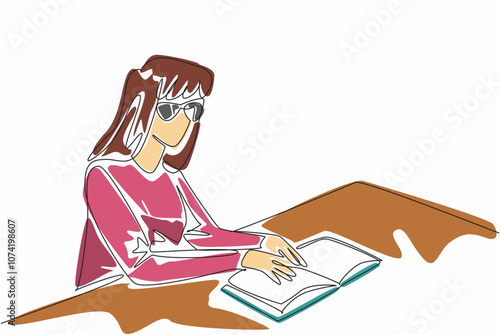 World Braille Day. Continuous line drawing of beauty woman try to read braille language from book. Sit in public library to learn reading ability.