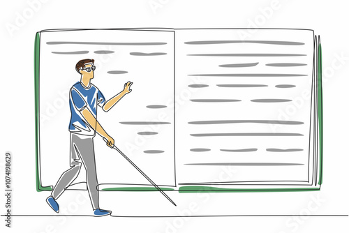 Single line drawing of character man walking with stick and touching a giant braille book, trying to read. World Braille Day event. Communication way