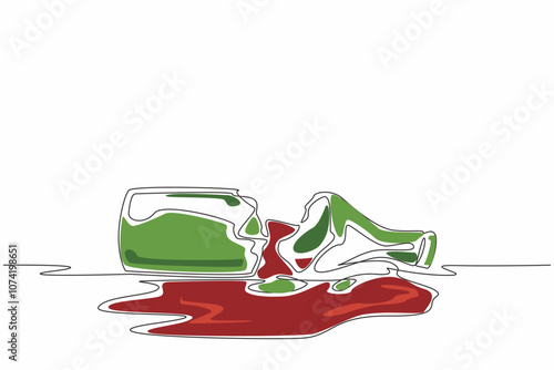Continuous line drawing of shattered beer bottle into broken glass. Dry January. No alcohol month. Stop and abstain drinking, public health campaign.
