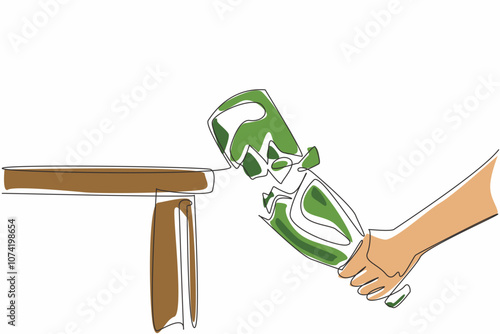 One line drawing of beer bottles were smashed at the end of the table until they broke into pieces. Stop and say no to alcohol campaign. Dry January
