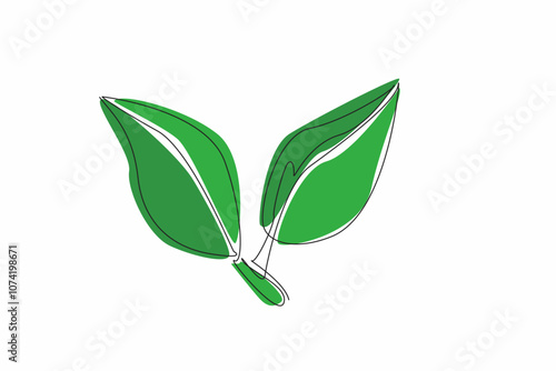 Single line drawing of refreshing green leaf form letter V for Veganuary text. Eat healthy fresh herbal concept. January international moth event