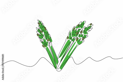 Continuous line drawing of green asparagus form letter V. Follow vegan lifestyle for healthy life. Vegan plant concept for flyer, poster, social media