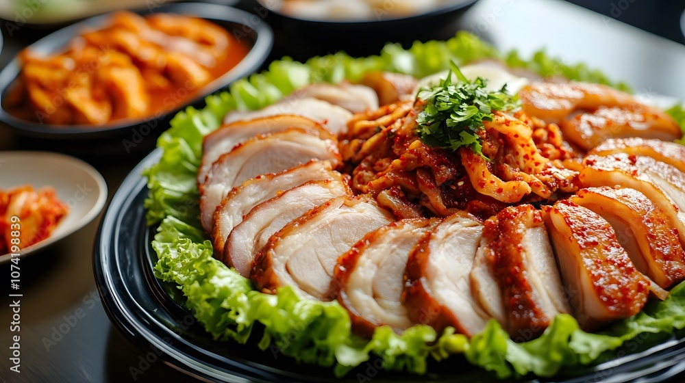 A dish of bossam, boiled pork belly slices served with kimchi and lettuce for wrapping.
A dish of bossam, boiled pork belly slices served with kimchi and lettuce for wrapping.