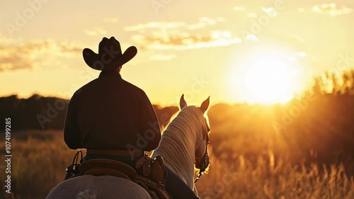 Cowboy Riding Horse at Sunset in Scenic Grassland Landscape