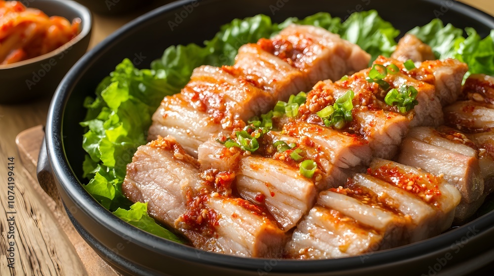 A dish of bossam, boiled pork belly slices served with kimchi and lettuce for wrapping.
A dish of bossam, boiled pork belly slices served with kimchi and lettuce for wrapping.