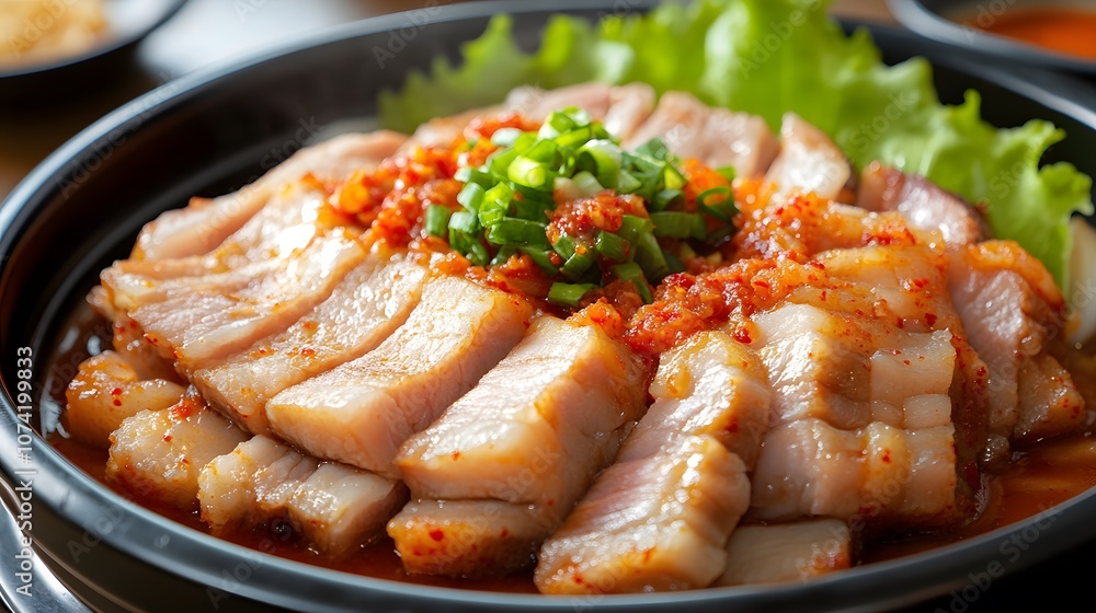 A dish of bossam, boiled pork belly slices served with kimchi and lettuce for wrapping.
A dish of bossam, boiled pork belly slices served with kimchi and lettuce for wrapping.