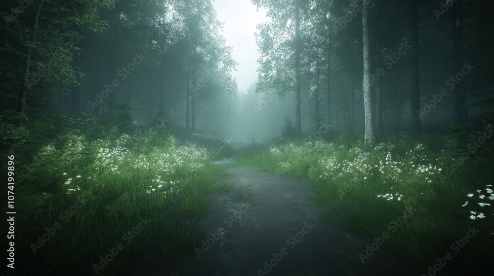 Obraz premium A tranquil forest pathway enveloped in fog with blooming wildflowers during early morning light