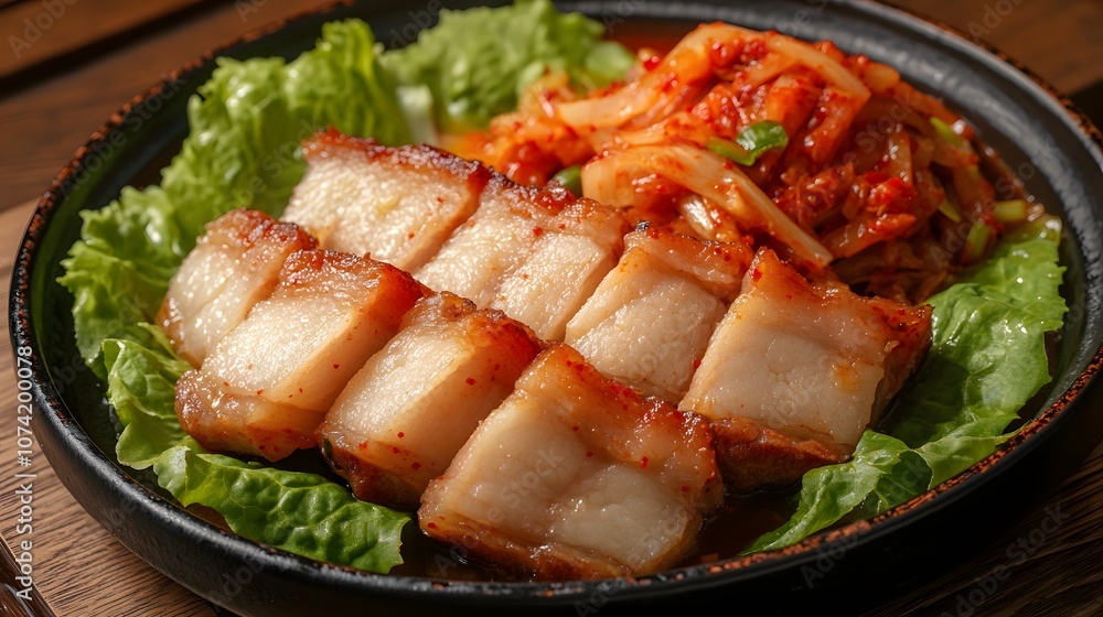 A dish of bossam, boiled pork belly slices served with kimchi and lettuce for wrapping.
A dish of bossam, boiled pork belly slices served with kimchi and lettuce for wrapping.