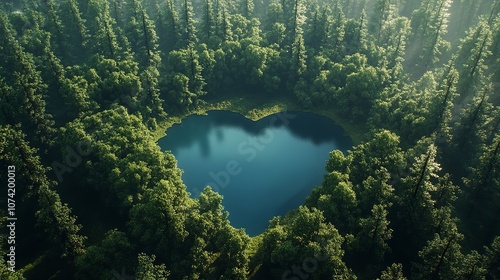  forest seen from above with a lake in a unique shape: photo