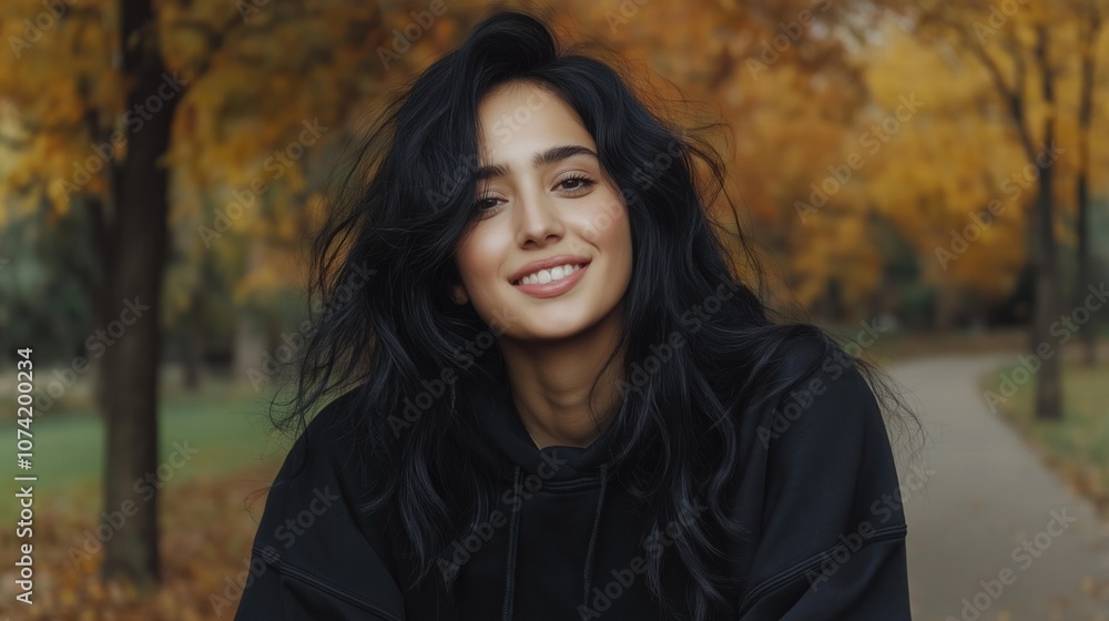 Young woman enjoying a sunny autumn day in a park surrounded by colorful trees and a serene path Young woman enjoying a sunny autumn day in a park surrounded by colorful trees and a serene path