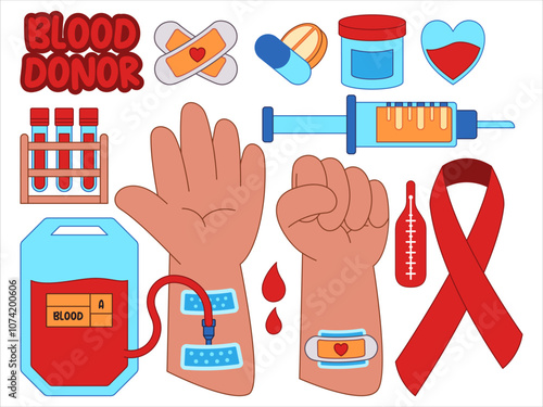 Blood donor healthcare support volunteer help donation ribbon thermometer pills jar container vitamin syringe needle injection heart band aid bloody tube design icon set colorful collection