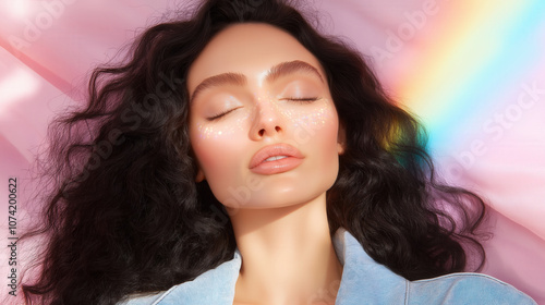 A serene moment captured as a woman enjoys the sunlight with a beautiful rainbow illuminating the background