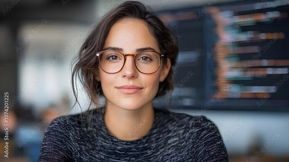 Confident woman in glasses at a tech workspace Confident woman in glasses at a tech workspace