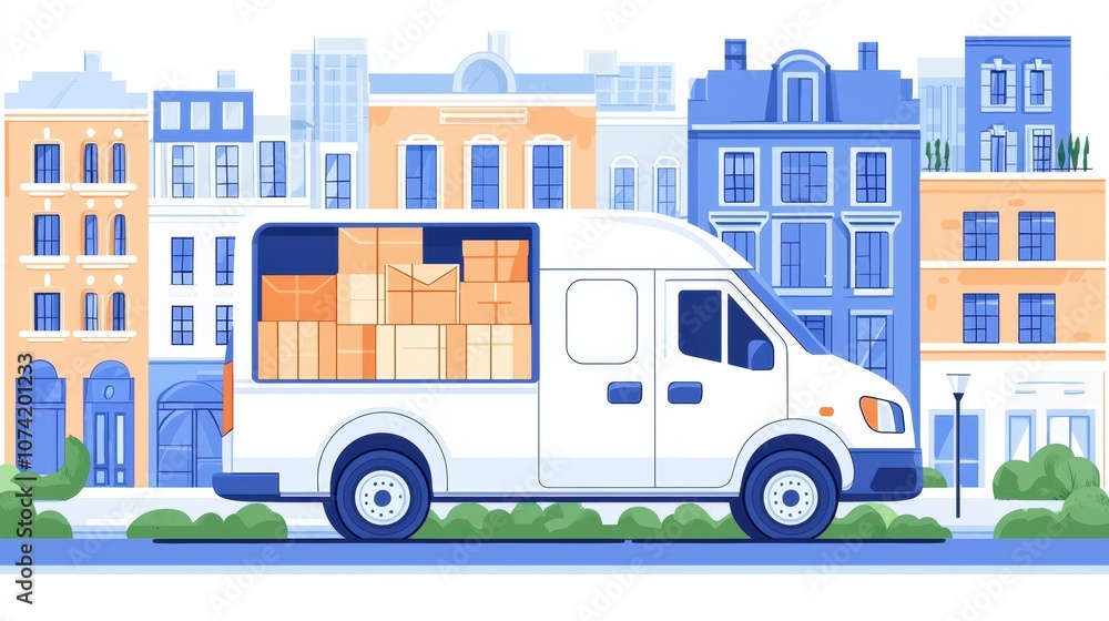 Delivery van parked on a city street surrounded by colorful buildings in a vibrant urban setting during daytime Delivery van parked on a city street surrounded by colorful buildings in a vibrant urban setting during daytime