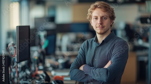 A portrait of a young European man in his late twenties, confidently standing in an office setting, conveying professionalism and approachability with arms crossed. photo