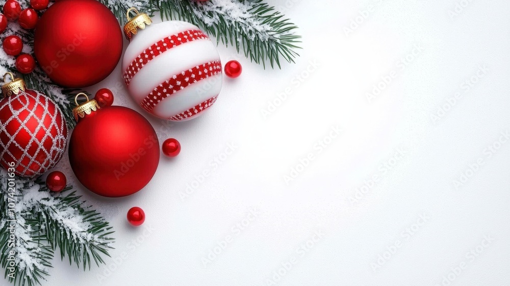Decorative red and white Christmas ornaments with evergreen branches on a light background during the festive holiday season Decorative red and white Christmas ornaments with evergreen branches on a light background during the festive holiday season