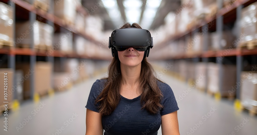 Woman experiencing virtual reality in a warehouse setting Woman experiencing virtual reality in a warehouse setting