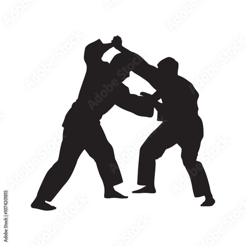 Silhouette of mix martial arts, Kungfu, boxing, karate, kick boxing, jujitsu, black silhouettes of people practicing judo. Shadows of the fighting men on a white background. Martial arts illustrations