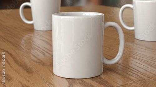 Simple white ceramic mug for product display. Minimalistic advertising and marketing material with blank empty text space. 