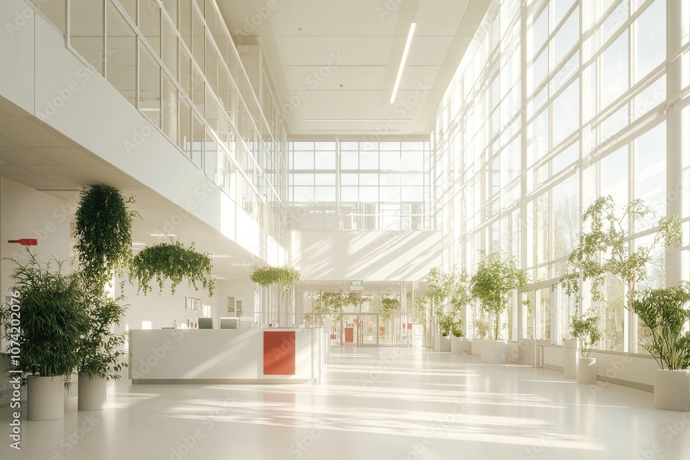 Modern, bright lobby with large windows, white walls, and potted plants. Modern, bright lobby with large windows, white walls, and potted plants.
