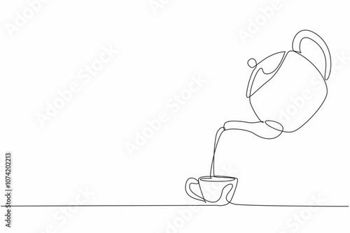 One line drawing of tea water poured from porcelain teapot into ceramic cup glass. Celebrating National Hot Tea Day event.  Idea for poster and banner