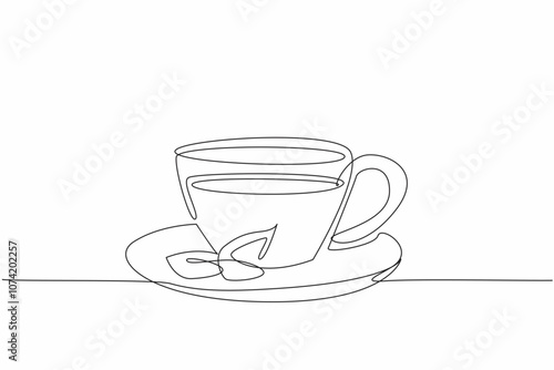 Single line drawing a cup of tasty green tea with leaf on side glass. Healthy and fresh drink. Celebrate National Hot Tea Day. World event. 12 January