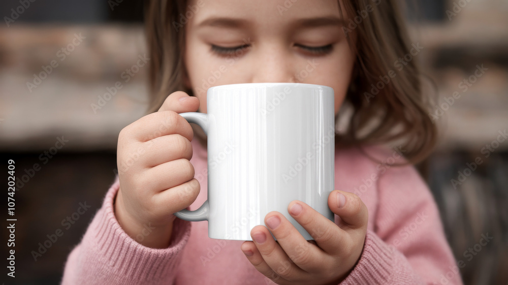 Little girl drinking from a blank white mug. Casual lifestyle model photography with blank and empty text space. Little girl drinking from a blank white mug. Casual lifestyle model photography with blank and empty text space.