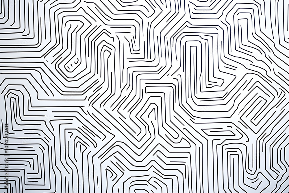 Intricate black and white maze pattern with winding lines, creating an abstract geometric background. Ideal for design projects, textures, and visual concepts. Intricate black and white maze pattern with winding lines, creating an abstract geometric background. Ideal for design projects, textures, and visual concepts.