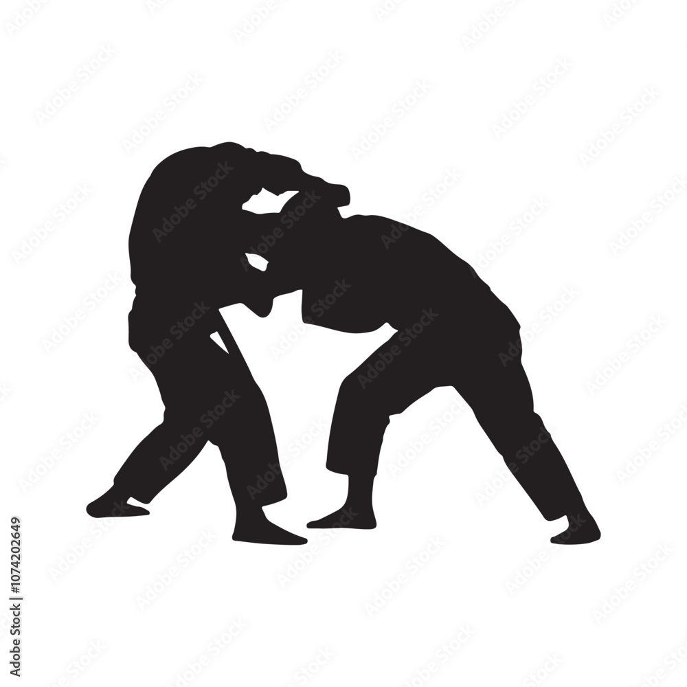 Obraz premium Silhouette of mix martial arts, Kungfu, boxing, karate, kick boxing, jujitsu, black silhouettes of people practicing judo. Shadows of the fighting men on a white background. Martial arts illustrations