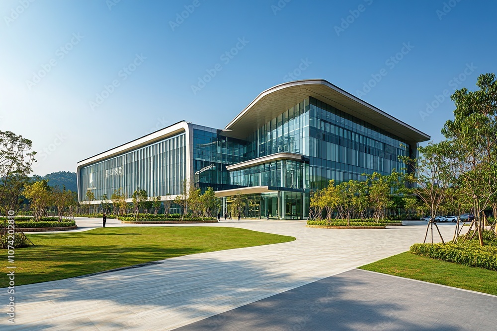 Modern office building with a curved glass facade and a landscaped park. Modern office building with a curved glass facade and a landscaped park.