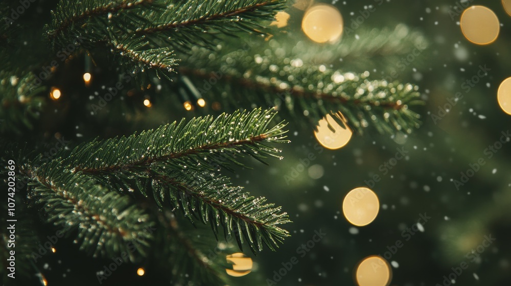 A Christmas tree with snow and bokeh lights, a close-up of green pine branches on a blurred background, with ample space for text. A Christmas tree with snow and bokeh lights, a close-up of green pine branches on a blurred background, with ample space for text.