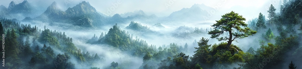 Fototapeta premium A solitary tree stands tall on a misty mountaintop, with a panoramic view of rolling hills and dense forests.