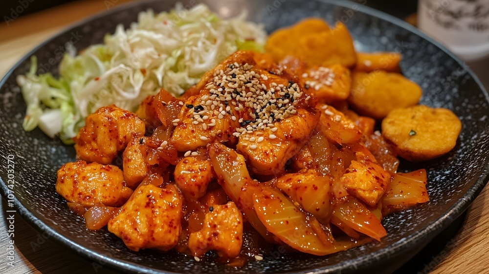 A serving of dakgalbi, spicy stir-fried chicken with cabbage, sweet potatoes, and rice cakes.
A serving of dakgalbi, spicy stir-fried chicken with cabbage, sweet potatoes, and rice cakes.