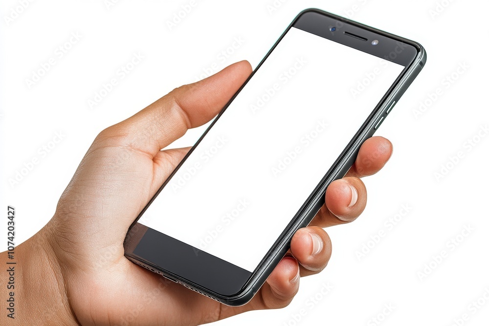 Hand Holding Smartphone with Blank Screen Against Background