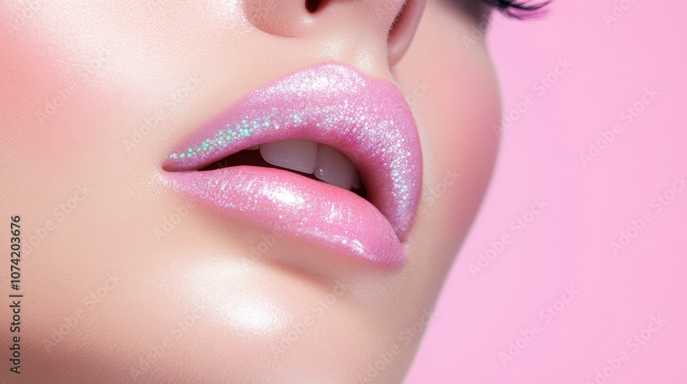 Close-up of a model's lips adorned with sparkling pink gloss in a soft pastel setting, showcasing beauty and makeup artistry Close-up of a model's lips adorned with sparkling pink gloss in a soft pastel setting, showcasing beauty and makeup artistry
