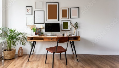 Wallpaper Mural Ai Generate Stylish scandinavian home office desk with mock up poster frames, a lot of plants and office accessories Brown wooden parquet and white backgrounds wall Modern composition of homeoffice  Torontodigital.ca