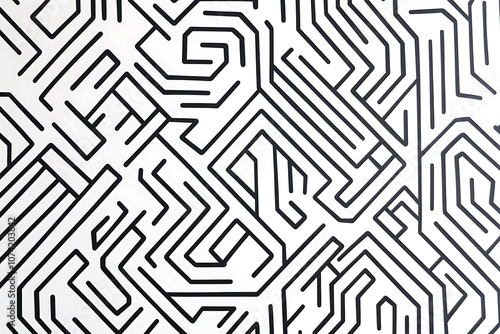 Intricate black and white maze pattern with winding lines, creating an abstract geometric background. Ideal for design projects, textures, and visual concepts.