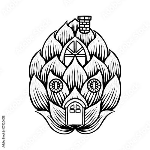 hand drawn illustration of hops combined with dwarf house