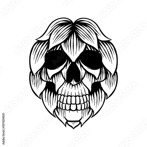 hand drawn illustration of hops combined with a skull head