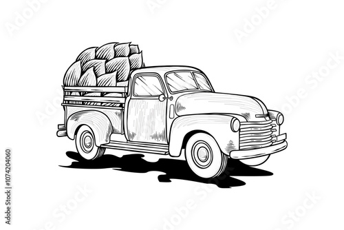 hand drawn illustration of retro car carrying hops