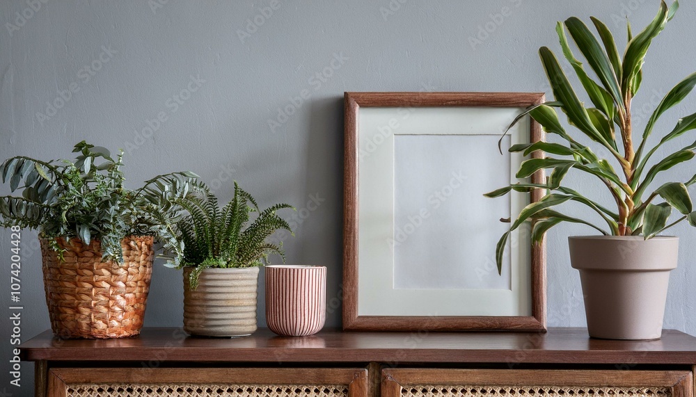 Fototapeta premium Ai Generate Stylish and cozy scandinavian interior with design retro table, brown mock up photo frame and beautiful plants in design pots Modern home decor Gray background wall Minimalistic concept
