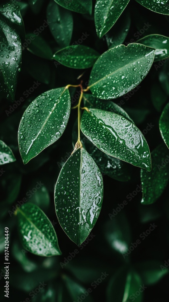 A close-up of lush green leaves with water droplets A close-up of lush green leaves with water droplets