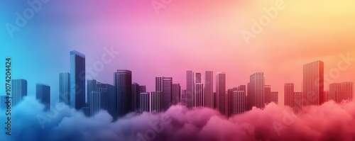 A vibrant city skyline emerges through colorful clouds, showcasing modern architecture and a dreamy, surreal atmosphere.