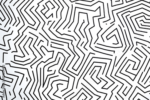 Intricate black and white maze pattern with winding lines, creating an abstract geometric background. Ideal for design projects, textures, and visual concepts.