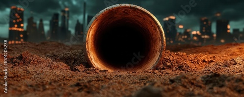 A dark tunnel emerges from the ground, leading into an unknown abyss with a backdrop of a foreboding city skyline.